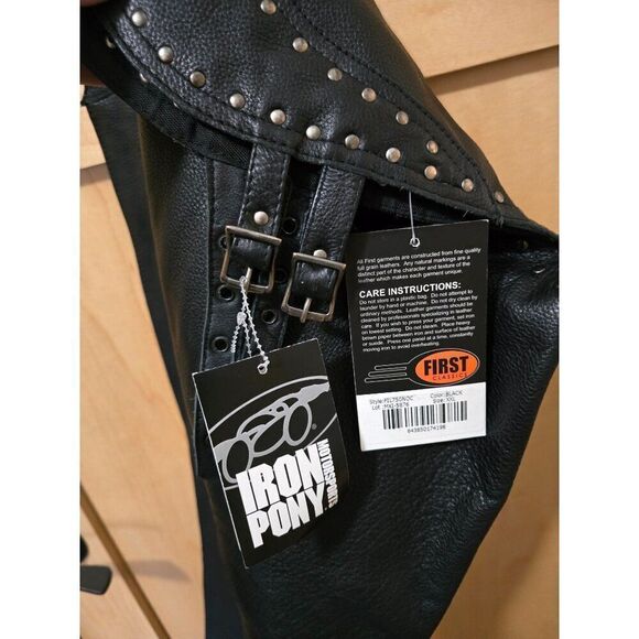 Mens First Classics Iron Pony Leather Motorcycle Chaps With Studs & Buckles Blac - Picture 1 of 16
